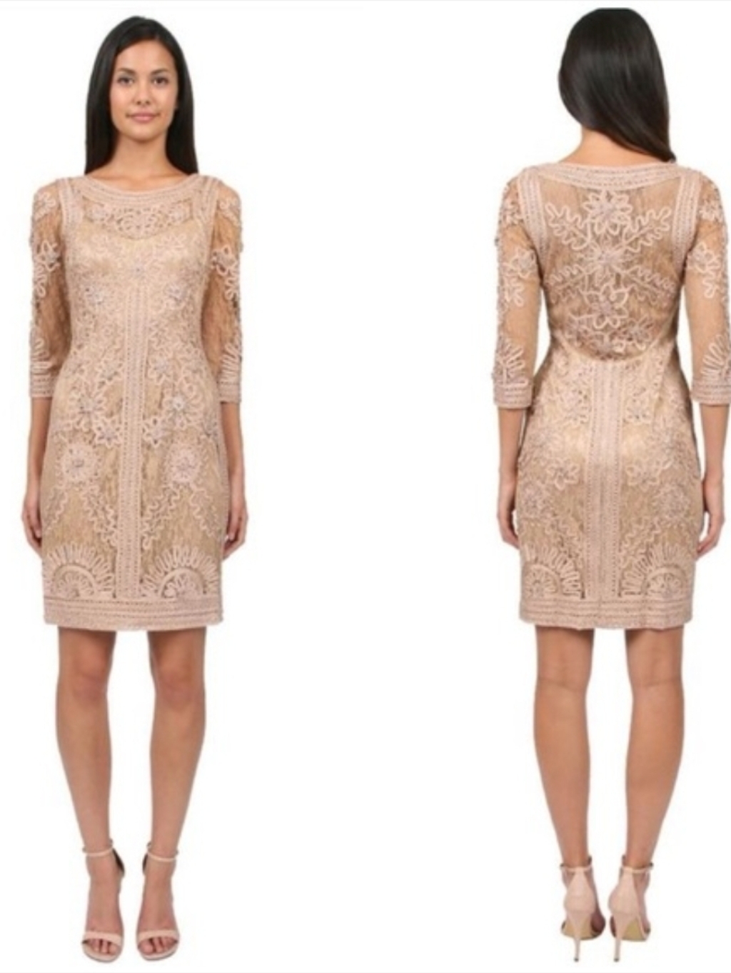 Sue Wong Nocturne Embroidered Lace Sheath 3/4 Sleeve Evening Dress Size 10